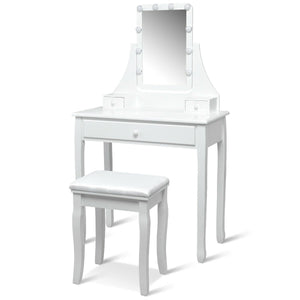 10 LED Lighted Mirror and 3 Drawers Vanity Table Set-White