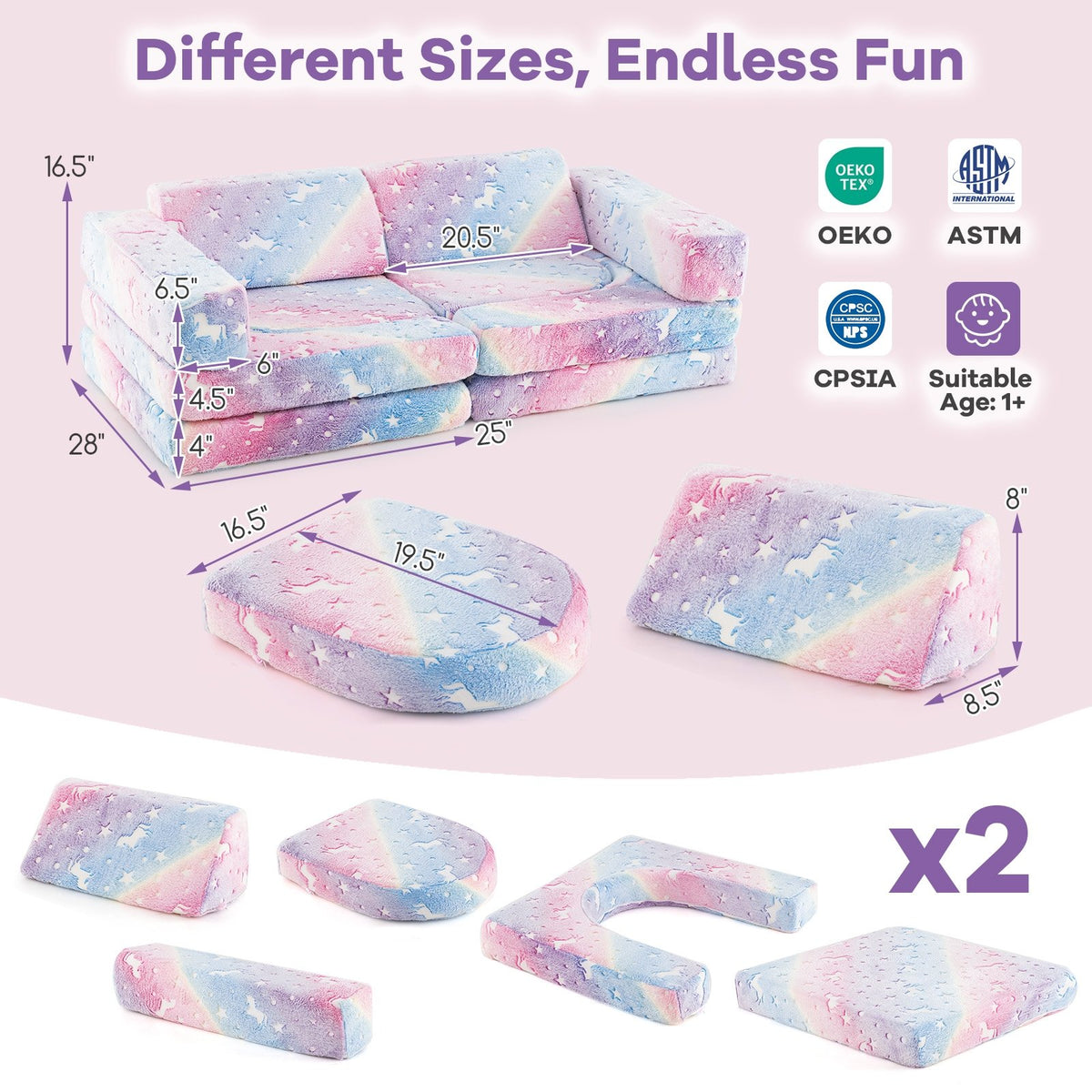 10 Pieces Modular Kids Play Couch Sectional Sofa Glow in the Dark-Multicolor view 2