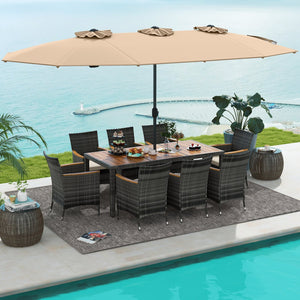 10 Pieces Patio Wicker Dining Set with 15 Feet Double-Sided Patio Umbrella-Brown view 2