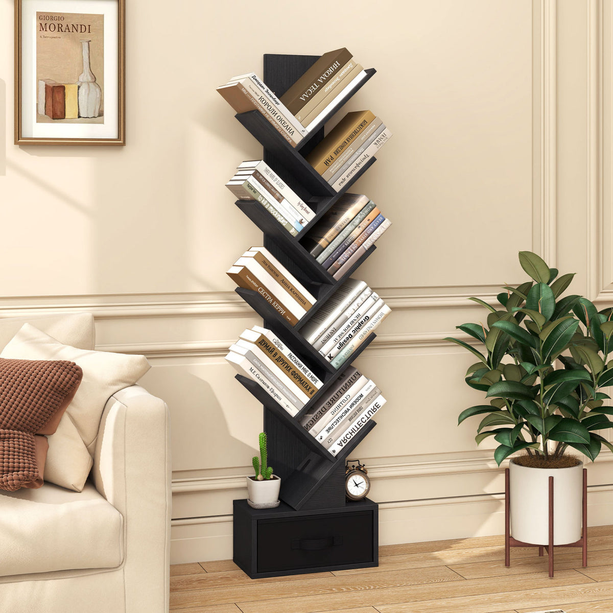 10-Tier Bookshelf with Drawer Free-standing Storage Bookcase-Black view 2
