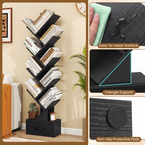 10-Tier Bookshelf with Drawer Free-standing Storage Bookcase-Black view 9