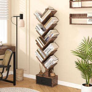 10-tier Tree Bookshelf with Drawer Free-standing Storage Bookcase view 3