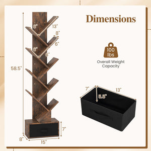 10-tier Tree Bookshelf with Drawer Free-standing Storage Bookcase view 5
