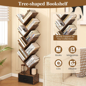 10-tier Tree Bookshelf with Drawer Free-standing Storage Bookcase view 7