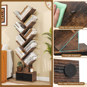 10-tier Tree Bookshelf with Drawer Free-standing Storage Bookcase view 9