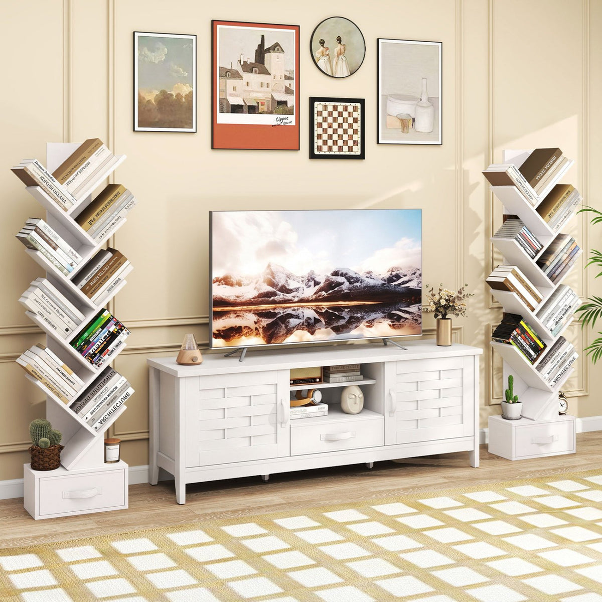 10-Tier Bookshelf with Drawer Free-standing Storage Bookcase-White view 2