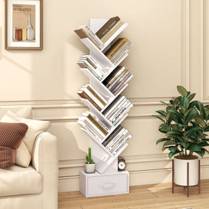 10-Tier Bookshelf with Drawer Free-standing Storage Bookcase-White view 3