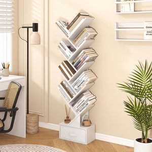 10-Tier Bookshelf with Drawer Free-standing Storage Bookcase-White view 6