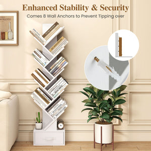 10-Tier Bookshelf with Drawer Free-standing Storage Bookcase-White view 9