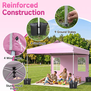 10 x 10 FT Pop Up Canopy Tent with 4 Sidewalls and Adjustable Height Waterproof-Pink view 8