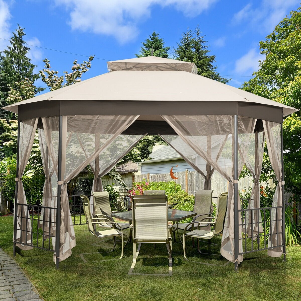 10’x 12’ Octagonal Patio Gazebo-Beige view 2