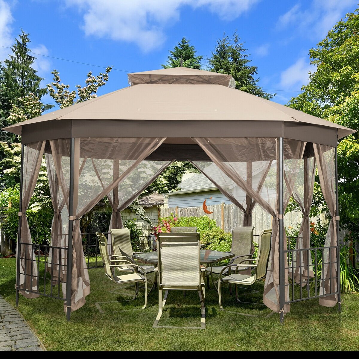 10’x 12’ Octagonal Patio Gazebo-Brown view 2