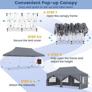 10 x 20 FT Pop up Canopy with 6 Sidewalls and Windows and Carrying Bag for Party Wedding Picnic-Gray view 9