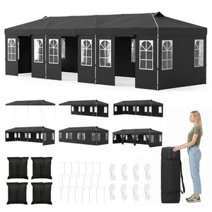 10 x 30 FT Pop Up Canopy Tent with 8 Sidewalls and Adjustable Height-Black