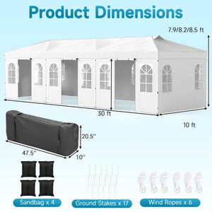 10 x 30 FT Pop Up Canopy Tent with 8 Sidewalls and Adjustable Height-White view 3