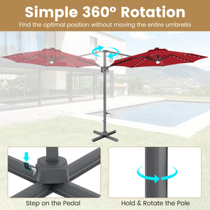 10 FT Cantilever Patio Umbrella with Solar LED Lights 360° Rotation-Wine view 9