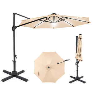 10 FT Cantilever Patio Umbrella with Solar LED Lights 360° Rotation-Beige view 4