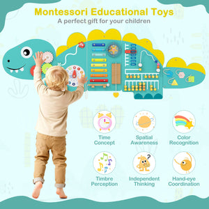11-in-1 Dinosaur Activity Wall Busy Board Panels for Toddlers Education and Early Development-Green view 7