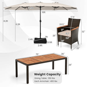 11 Pieces Patio Dining Set with 15 Feet Double-Sided Patio Umbrella and Base-Beige view 5