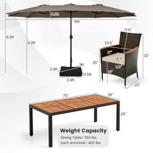 11 Pieces Patio Dining Set with 15 Feet Double-Sided Patio Umbrella and Base-Coffee view 5