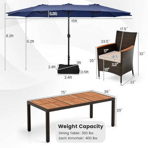 11 Pieces Patio Dining Set with 15 Feet Double-Sided Patio Umbrella and Base-Navy view 5