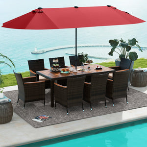 11 Pieces Patio Dining Set with 15 Feet Double-Sided Patio Umbrella and Base-Wine view 2