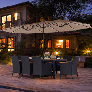 11 Pieces Patio Dining Set with LED Patio Umbrella with Base and Seat Cushions (Navy)-Coffee view 3