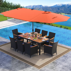 11 Pieces Patio Dining Set with LED Patio Umbrella with Base and Seat Cushions (Navy)-Orange view 2