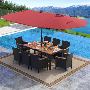 11 Pieces Patio Dining Set with LED Patio Umbrella with Base and Seat Cushions (Navy)-Wine view 2