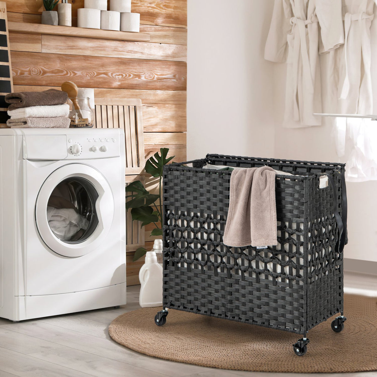 110L 2-Section Laundry Hamper with 2 Removable and Washable Liner Bags-Black view 2