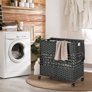 110L 2-Section Laundry Hamper with 2 Removable and Washable Liner Bags-Black view 2