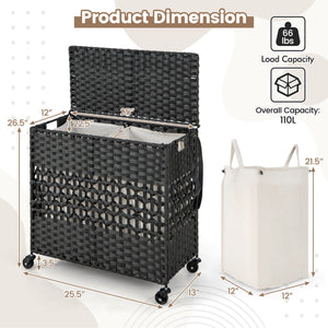 110L 2-Section Laundry Hamper with 2 Removable and Washable Liner Bags-Black view 5