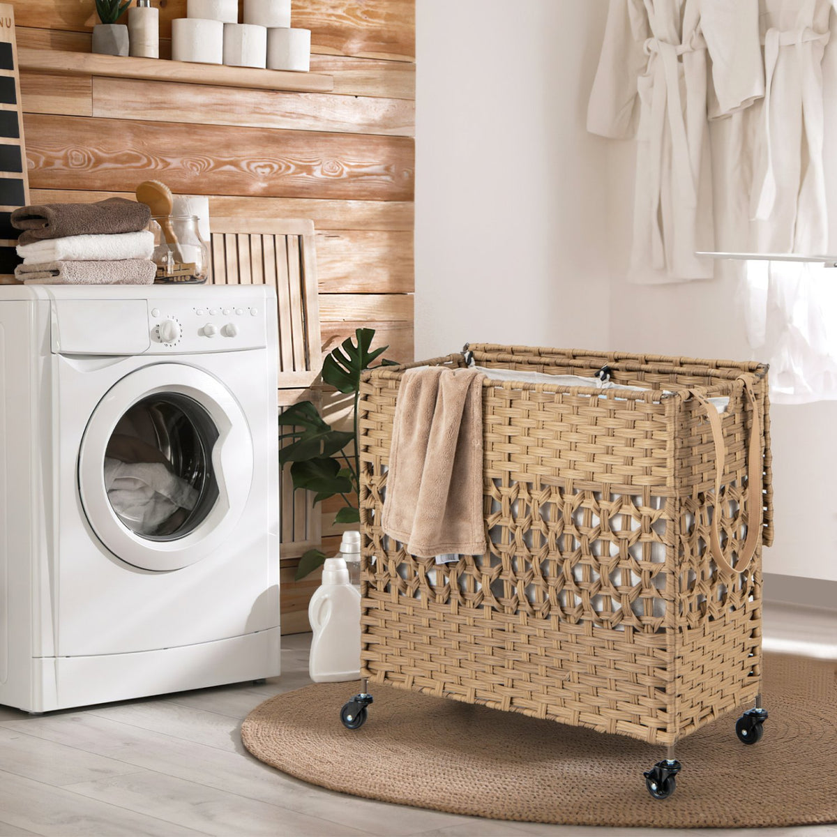 110L 2-Section Laundry Hamper with 2 Removable and Washable Liner Bags-Natural view 2