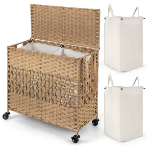 110L 2-Section Laundry Hamper with 2 Removable and Washable Liner Bags-Natural view 4