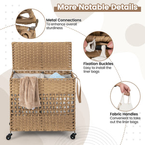 110L 2-Section Laundry Hamper with 2 Removable and Washable Liner Bags-Natural view 8