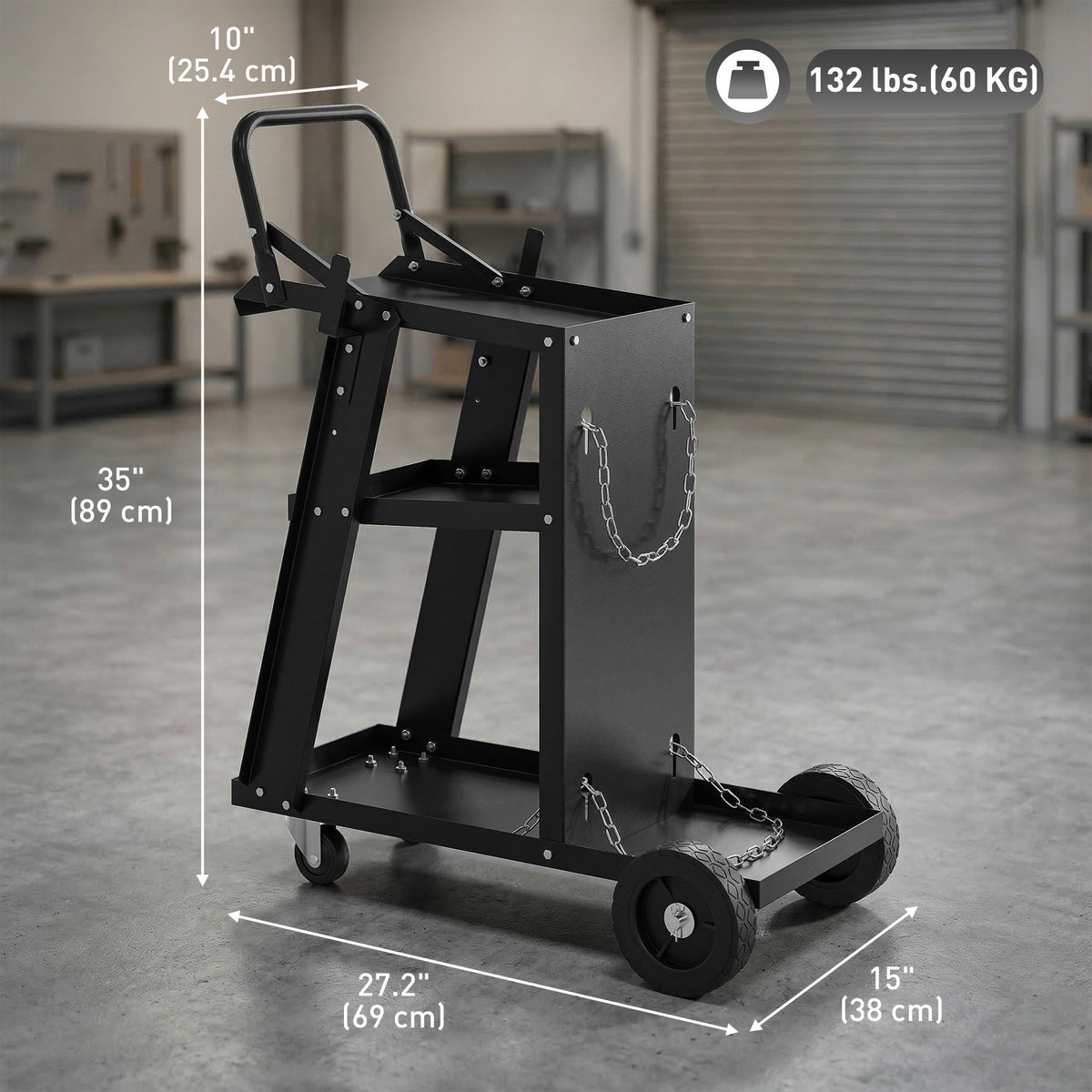 Welding Utility Cart 3-Tier Heavy Duty Rolling Tool Cart with Gas Cylinder Holder Black