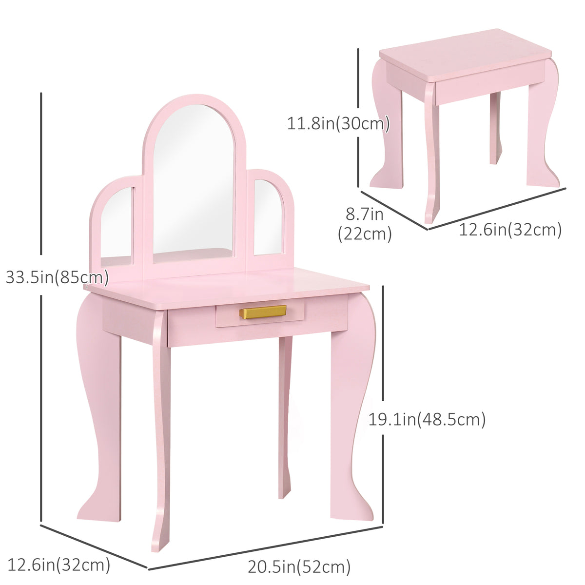 Qaba Kids Dressing Table and Chair Set, Girls Dressing Set, Makeup Desk with Drawer for 3-6 Years Old Kids