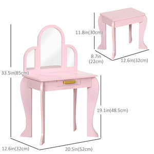 Qaba Kids Dressing Table and Chair Set, Girls Dressing Set, Makeup Desk with Drawer for 3-6 Years Old Kids