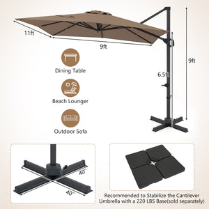 11 x 9 FT Cantilever Patio Umbrella with 360° Rotation and Easy Tilt Adjustment-Brown view 4