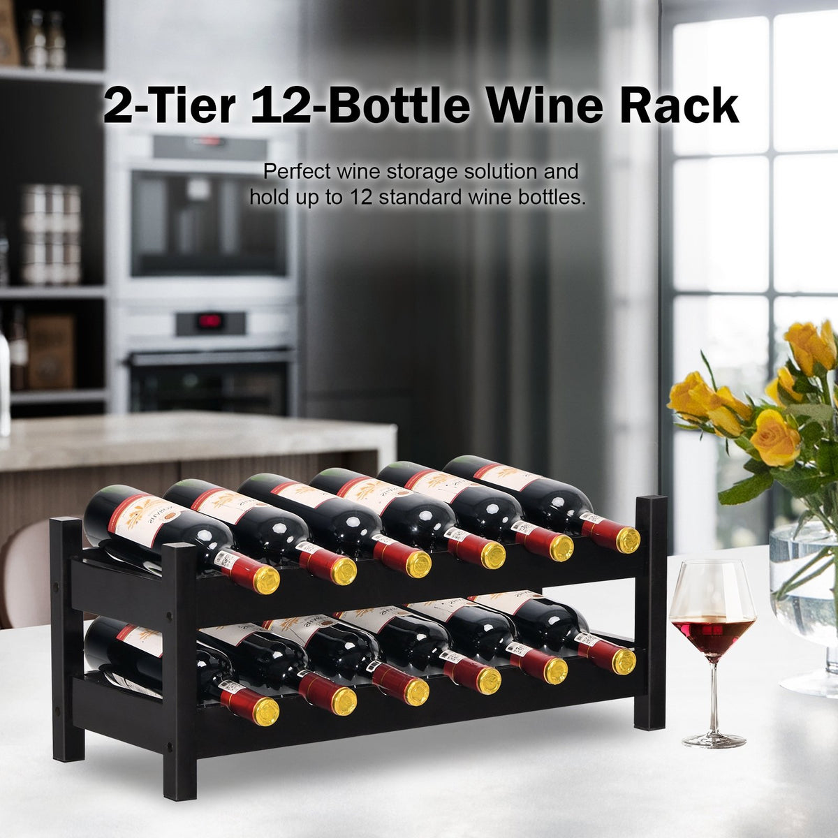 12 Bottles 2-Tier Bamboo Storage Shelf Wine Rack-Brown view 2