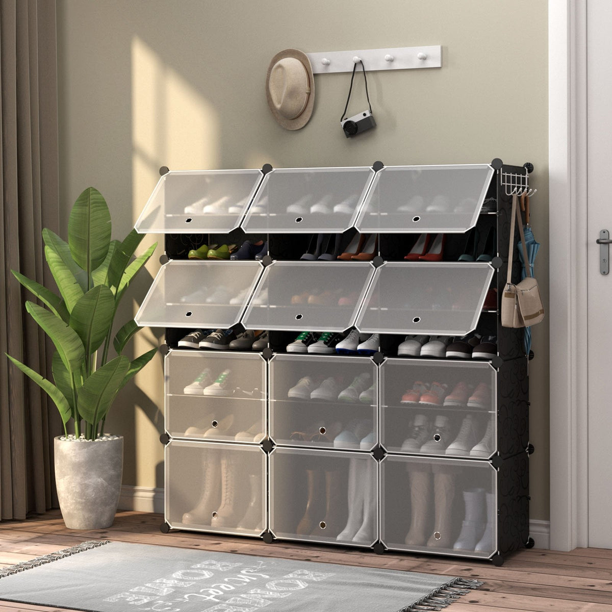12-Cube 48 Pairs Portable Shoe Shelves with Hook-Black view 2