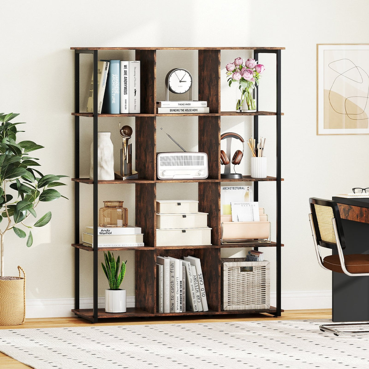 12-Cube Bookcase with 2 Anti-tipping Kits for Living Room-Rustic Brown view 2