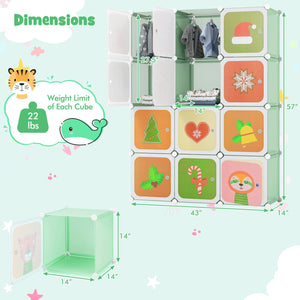 12 Cube Kids Wardrobe Closet with Hanging Section and Doors-Green view 4