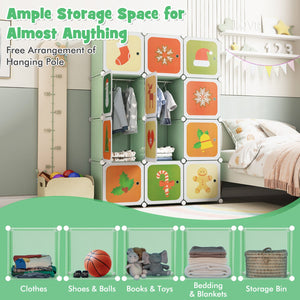 12 Cube Kids Wardrobe Closet with Hanging Section and Doors-Green view 6