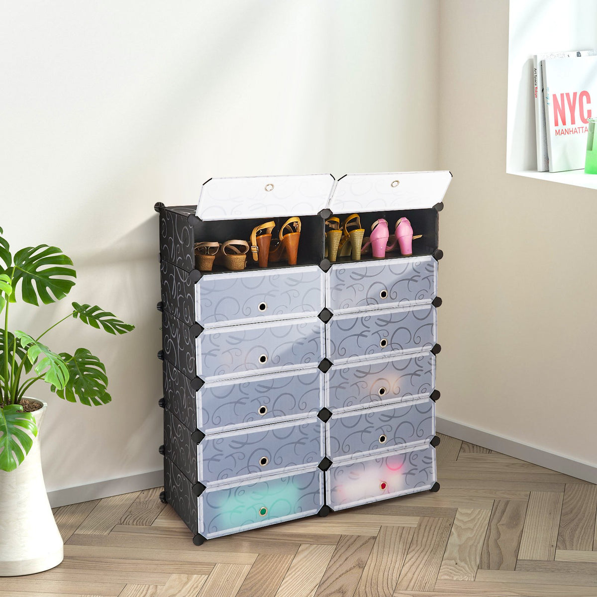 12-Cube DIY Portable Plastic Shoe Rack with Transparent Doors view 2