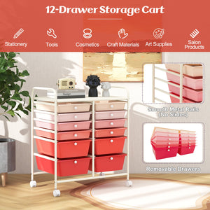 12-Drawer Rolling Storage Cart with Removable Drawers and Lockable Wheels-Pink view 6