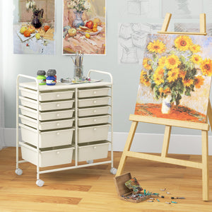 12-Drawer Rolling Storage Cart with Removable Drawers and Lockable Wheels-Beige view 3