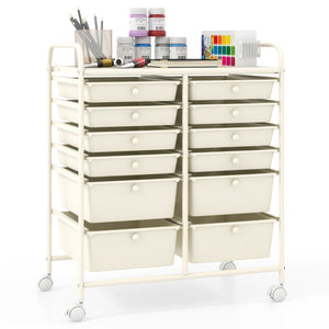 12-Drawer Rolling Storage Cart with Removable Drawers and Lockable Wheels-Beige view 4