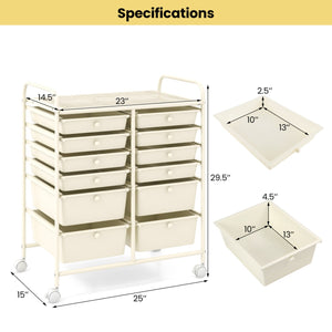 12-Drawer Rolling Storage Cart with Removable Drawers and Lockable Wheels-Beige view 5