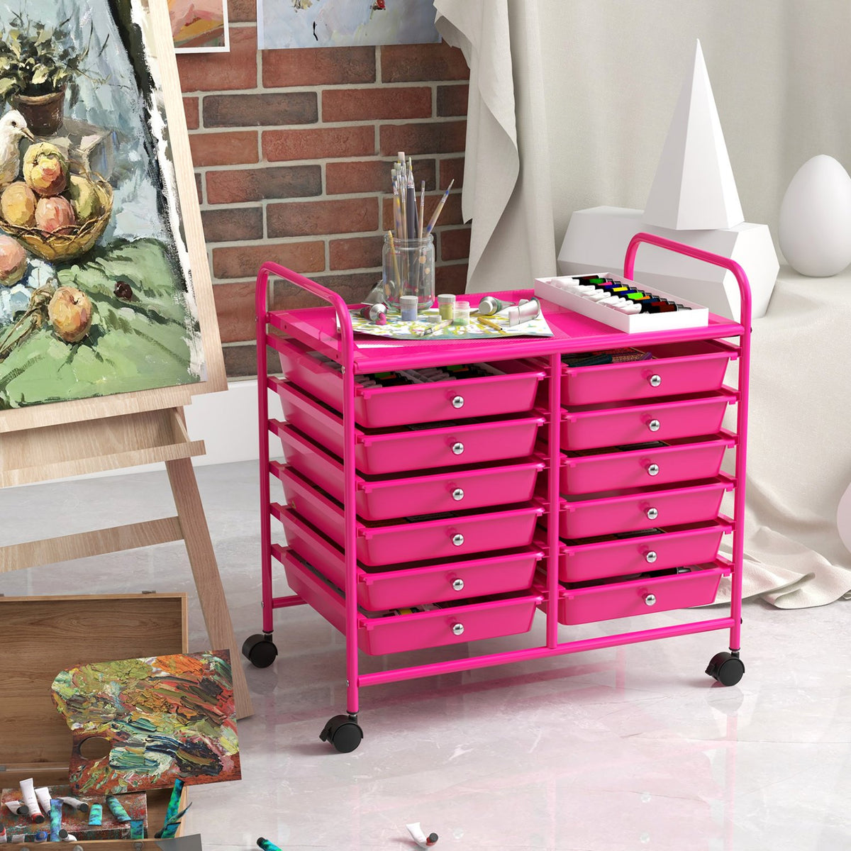 12 Drawers Rolling Storage Cart for Home and Office-Hot Pink view 2